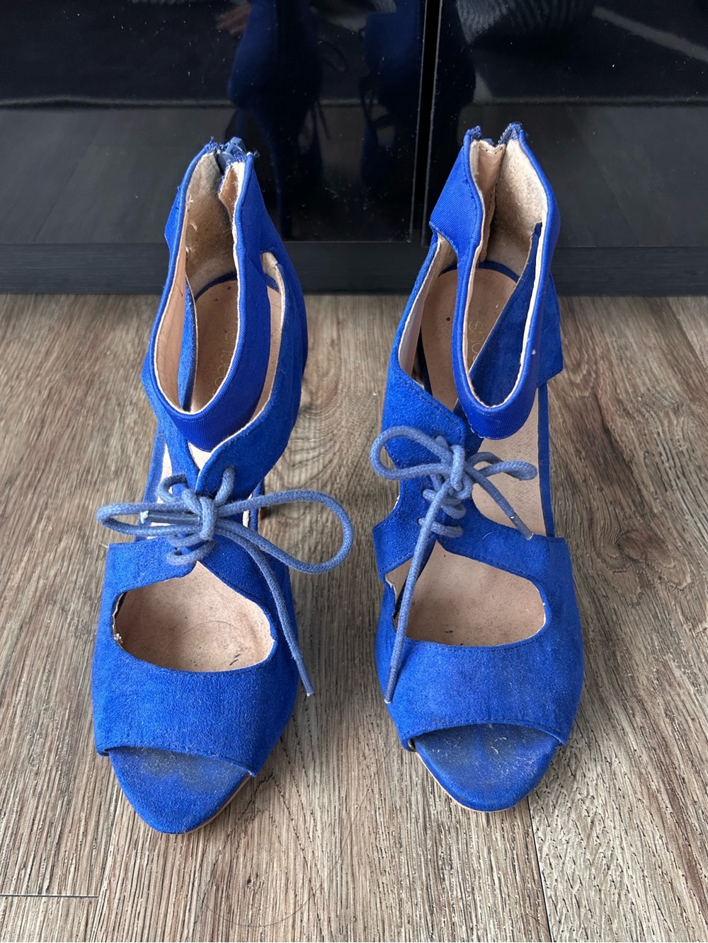 Shoe Dazzle Cobalt Blue Suede Lace-Up Open-Toe Heels